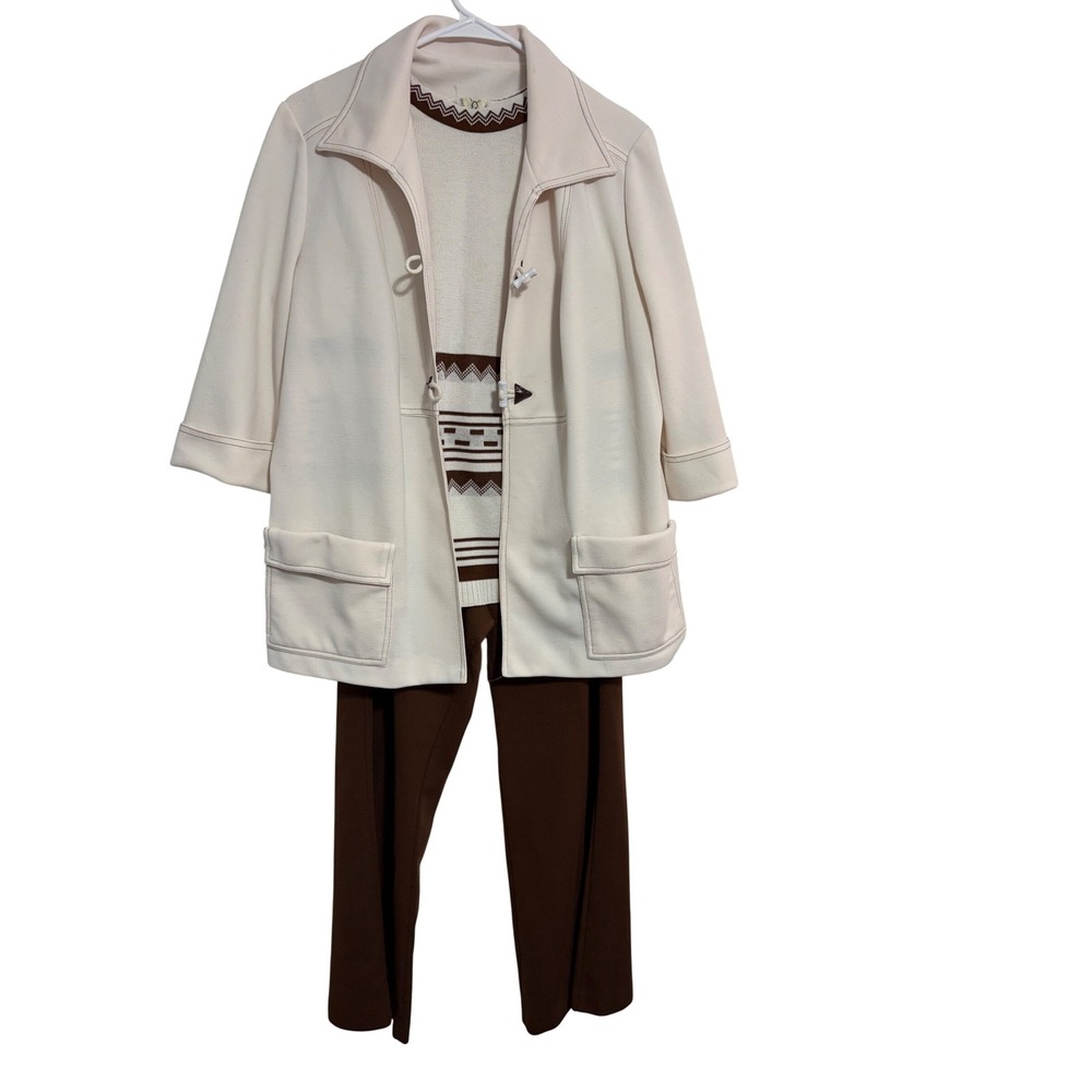 Vintage 70s 3-Piece Pant Set Cream Brown Geometric Toggle Jacket Wide Leg M/L